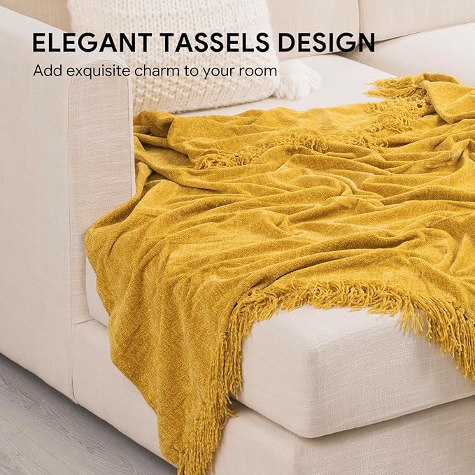 RECYCO Chenille Throw Blanket for Couch, 60"x80", Mustard Yellow | Super Soft Knit Throw Blanket with Fringe Tassels, Lightweight Knitted Throw, Cozy, Ideal for Sofa Chair Bed Living Room Gift