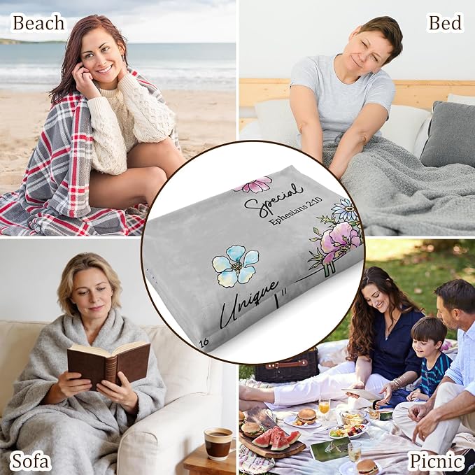 Christian Religious Gifts for Women, Grey Christian Blanket with Flowers | Birthday Gifts for Women, Spiritual Baptism Religious Gifts for Men Dad Mom Daughter Girls Boy, Soft Throw Blanket 60''x 50''