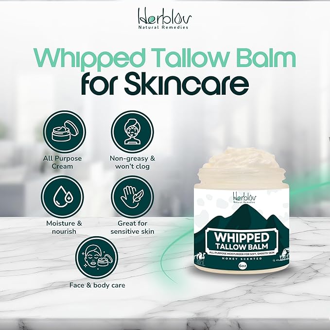 Beef Tallow Balm – Natural Grass Fed Whipped Tallow and Honey All Purpose Balm – Moisturizing Face and Body Lotion for Eczema, Cracked, Dry, Itchy, Irritated Skin – Skin Repair Skincare Made in USA