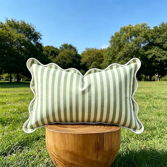 Scalloped Throw Pillow Covers | Decorative Couch Lumbar Pillows | Cute Stripe Pillow Cases | Boho Sytle for Living Room (Green & White, 12x20 Inch)