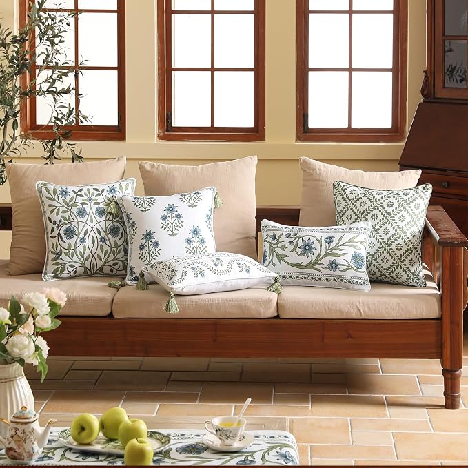 Designer Vintage Linen Throw Pillow Cover,18"x18"-Mosella D | French Elegant Square Decor Pillow Cover,Concealed Zipper Design,Floral Pattern,Sofa,Bedroom,Living Room,Lounge Chairs