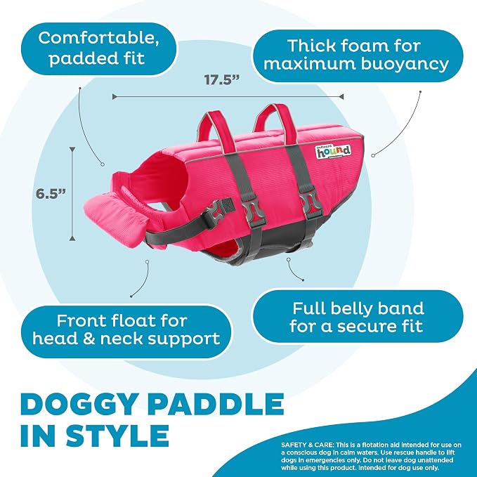 Outward Hound Granby Splash Dog Life Jacket, Life Vest, Pink, Large | Max Buoyancy, Adjustable Fit, Head/Neck Support, Rescue Handle, Reflective, Swimming & Boating, Large Dogs (28–32" Girth)