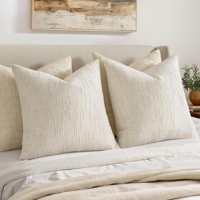 MIULEE Chenille Textured Lumbar Throw Pillow Covers Cream White 12x20 | Set of 2, Slubby Decorative Pillows, Boho Farmhouse Home Decor, Modern Neutral Cushion Covers for Couch Sofa Bed Living Room