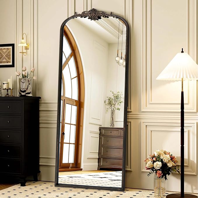 Besdomus Vintage Mirror Full Length: 21"x56" Black Long Arched Body Mirrors | French Floor Standing Metal Framed - Antique Baroque Traditional Ornate - Ideal for Foyer/Cloakroom/Bedroom/Dressing Room