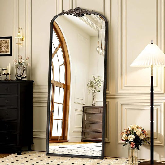 Besdomus Vintage Mirror Full Length: 21"x56" Black Long Arched Body Mirrors | French Floor Standing Metal Framed - Antique Baroque Traditional Ornate - Ideal for Foyer/Cloakroom/Bedroom/Dressing Room