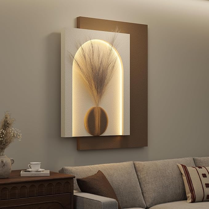 Large 3D LED Wall Art Decor for Living Room, Modern Minimalist Textured Lighted Artwork for Walls, Neutral Beige Brown Paintings Wall Decor for Hallway, Dining Room, Bedroom, Office Aesthetic