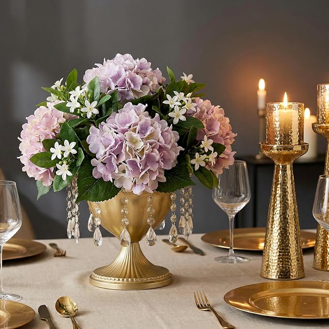 Sziqiqi Gold Urn Vase for Wedding with Crystal Beads, Compote Vase, 10Pcs | 8.6in Tall Metal Large Flower Arrangements, Pedestal Footed Bowl Planter, For Wedding, Party, Event, Birthday, Home Decor