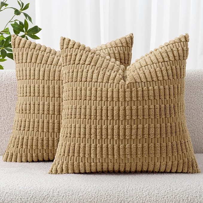 MIULEE Corduroy Decorative Throw Pillow Covers 18x18 Khaki Pack of 2 | Soft Boho Striped Pillow Covers Modern Farmhouse Fall Home Decor For Sofa Living Room Couch Bed
