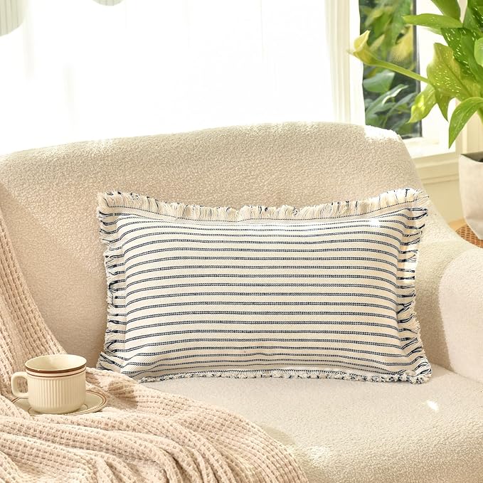 Throw Pillow Covers 12x20 Set of 2 Striped Pillow Covers with Fringe Chic Cotton Decorative Pillows Square Cushion Covers for Sofa Couch Bed Living Room Farmhouse Decor, (Navy)