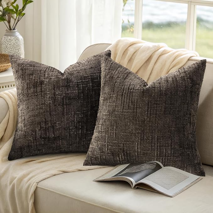 decorUhome Textured Chenille Throw Pillow Covers 26x26 Set of 2 Dark Brown | Fall Modern Farmhouse Soft Cozy Slubby Couch Pillow Cases Boho Decorative Pillow Cases for Bed Sofa Living Room Home Decor