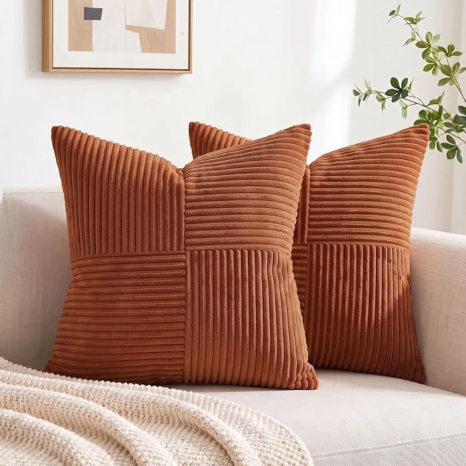 Fancy Homi 2 Packs Rust Big Decorative Throw Pillow Covers 24x24 Inch for Living Room Couch Bed, Rustic Farmhouse Boho Home Decor, Soft Corss Corduroy Patchwork Square Terracotta Cushion Case 60x60 cm