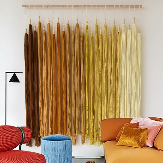 IOWER Macrame Wall Hanging Beaded Tassel Yarn Art Boho Tapestry 39" W*45" L | Yellow Yarn Art, Boho Style, Nursery Wall Decor, Bedroom Living Room Wall Art, Farmhouse Decor, Handmade Craft, Office Decor