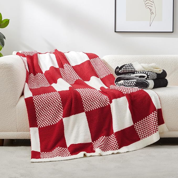 Snuggle Sac Checkered Blanket, Red Throw Blanket for Couch Buffalo Plaid Microfiber Fluffy Warm Cozy Fuzzy Soft Throw Blanket Reversible Checkerered Blankets for Sofa, Chair, Bed, 50x60 inches