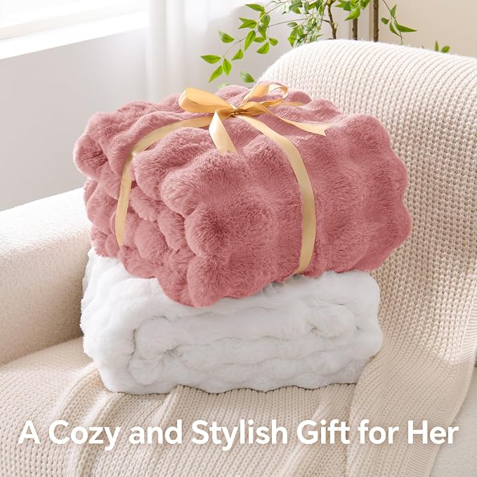 BEDELITE Faux Fur Throw Bubble Blanket for Couch, 60" x 80", Dusty Pink | 870GSM Soft Cozy Plush Blanket for Sofa & Bed Living Room Decor, Warm Fuzzy Faux Rabbit Fur for Women Gift, All Season Use