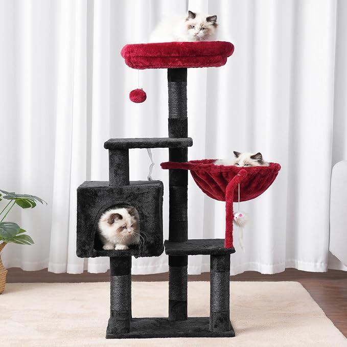 Heybly Cat Tree with Toy, 43.3 inch Cat Tower for Indoor Cats HCT004SBR | Cat Condo with Durable Sisal Scratching Posts, Cat House with Padded Plush Perch, Cozy Hammock, Black and Red