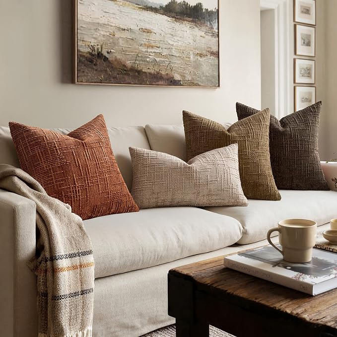 MIULEE Chenille Textured Fall Euro Throw Pillow Covers Burnt Orange 22x22 | Set of 2, Slubby Decorative Pillows, Boho Farmhouse Home Decor, Modern Neutral Cushion Covers for Couch Sofa Bed Living Room