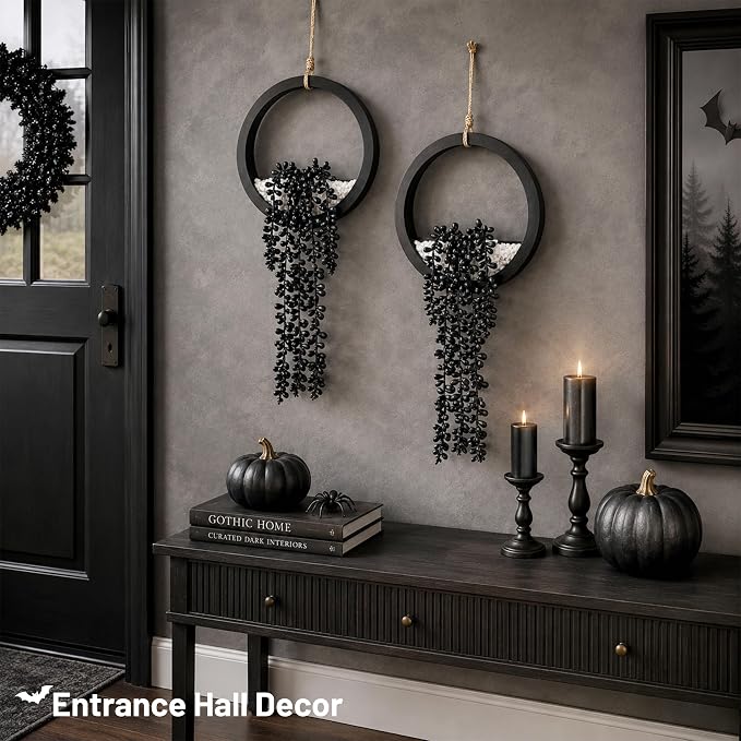 Der Rose 2 Pack Black Artificial Hanging Plants for Gothic Halloween Decor | Strongly festive atmosphere of Halloween，black hanging fake succulents，suitable for black wall decor，party decorations