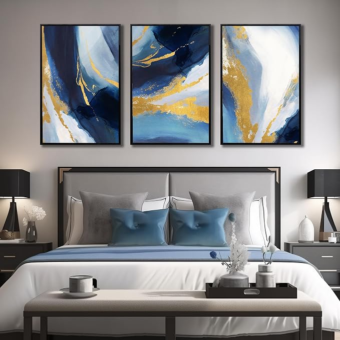 Abstract Wall Art for Living Room, Framed Canvas Wall-Decor for Bedroom, Blue White and Gold Picture Prints, Size 24 x 36 Inches 3-Pieces