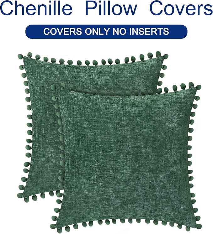 CaliTime Decorative Couch Throw Pillow Covers 22 X 22 Inches Dark Green | Pack of 2, Cozy Chenille Cushion Cases, with Pom Poms for Sofa Bed Living Room Farmhouse Home