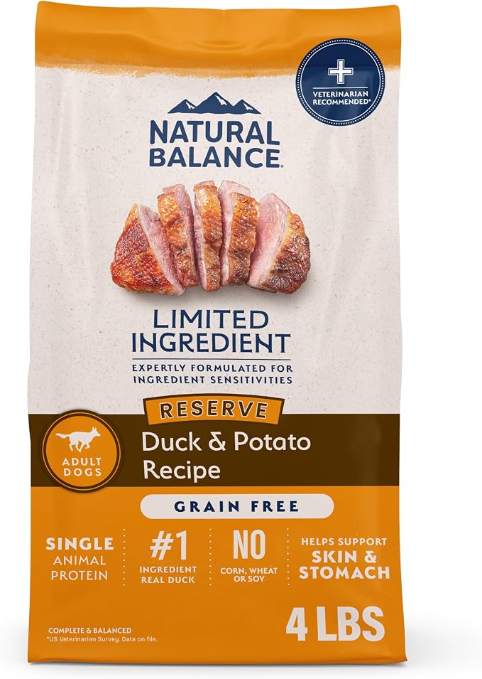 Natural Balance Limited Ingredient, Reserve Duck & Sweet Potato, 4 lb | Grain-Free Dry Dog Food, Balanced Nutrition for Adult Dogs with Sensitivities, Skin and Stomach Support