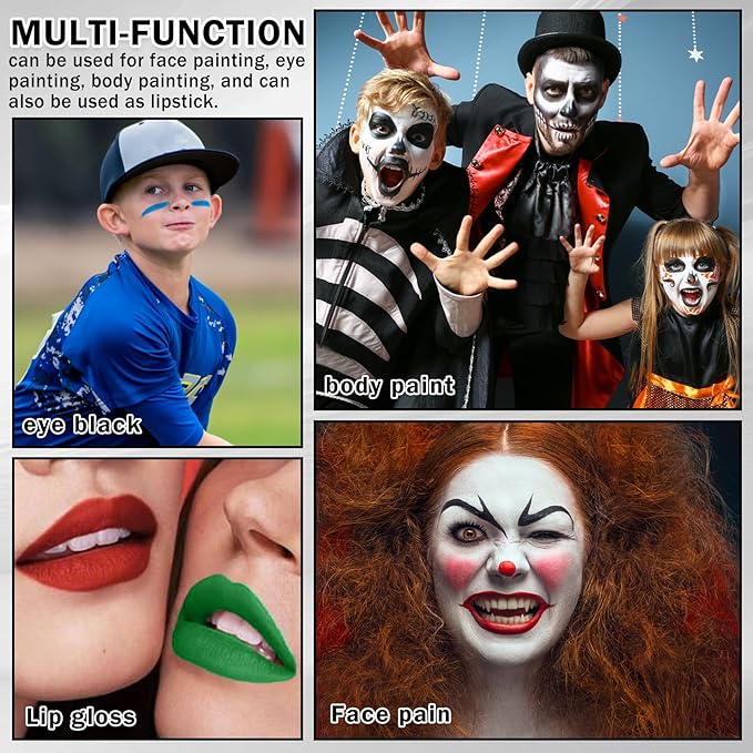 DAMUSI 3 Colors Face Body Paint Sticks for Skin Eye Black Baseball Softball Football Sticks with Brush,Suitable for Clown Cosplay Halloween Joker Vampire Makeup（Blue/Black/Red Face Paint Sticks）