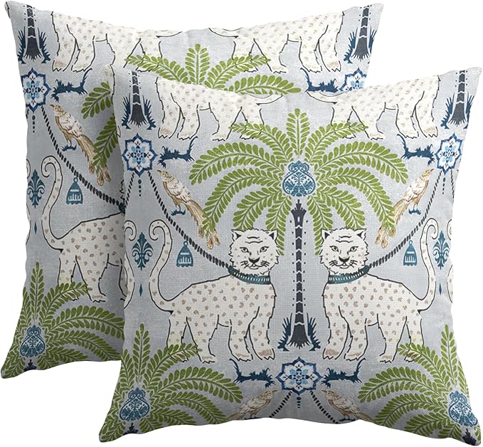 Animal Print Tiger Leopard Tropical Tree Pillow Covers 18X18 Inch Set of 2 Vintage Asian Bird Decorative Pillow Cases Green Chinoiserie Cotton Linen Cushion Case Farmhouse Home Decor For Sofa Couch