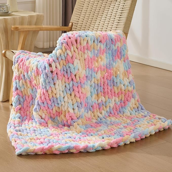 Bigacogo Chunky Knit Throw Blanket for Couch, 40x40 inches, PastelDreamMix | Hand Knit with Jumbo Chenille, Soft Breathable Cable Knit for Sofa Bed Living Room, Machine Washable, Gift for Mom Friend