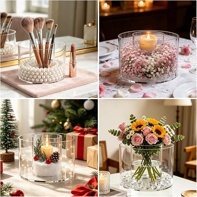 Acrylic Flower Vase for Centerpieces, Clear Double Layered Round Vase for DIY Decorative Table, Cylinder Planter for Candle Holder, Wedding Event, Home Decor