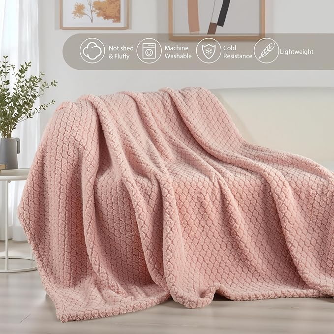 Exclusivo Mezcla Soft Fleece Queen Size Blanket for Bed, Pink | Jacquard Lightweight Cozy Bed Blanket, Breathable Decorative Fuzzy Textured All Season Use, 90x90 Inches
