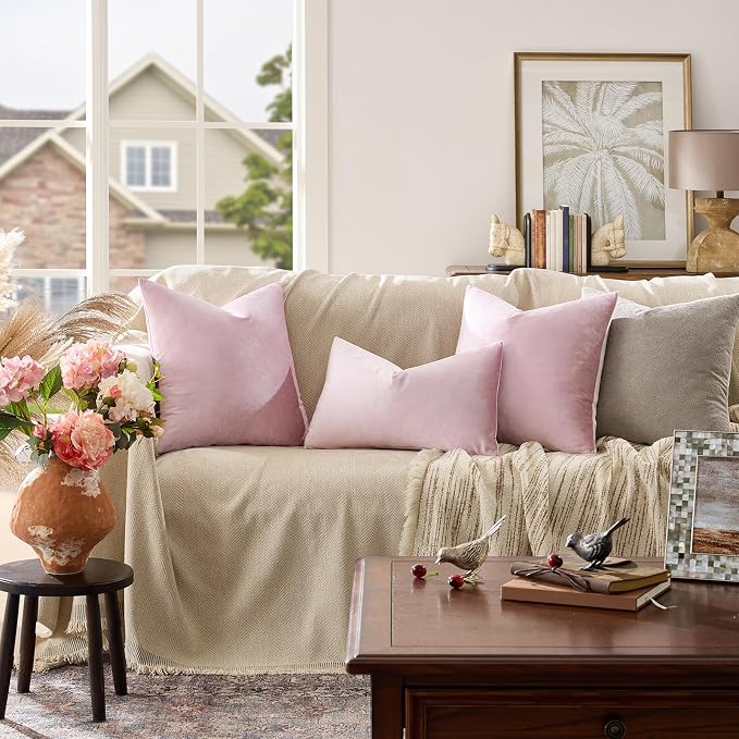 GIGIZAZA Sweet Lilac Velvet Throw Pillow Covers 12x20 Pack of 2 | Decorative Lumbar Pink Pillows for Couch Sofa,280gsm Soft Textured Fabric,Modern Pillowcases,Luxury Cushion Covers