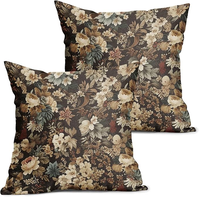 Deep Brown Vintage Floral Pillow Covers 20X20 Inch Set of 2 Boho Ivory White Flower Botanical Decorative Square Pillow Cases Rustic Bohemian Cushion Case Farmhouse Home Decor for Sofa Couch