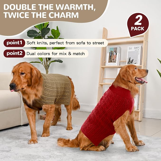 Dog Sweater 2 Pack for Large Dogs, Size XXL, Red & Brown | Stretchy cable knit turtleneck, machine washable, high belly cut, comfy winter fit for Golden Retriever, Labrador
