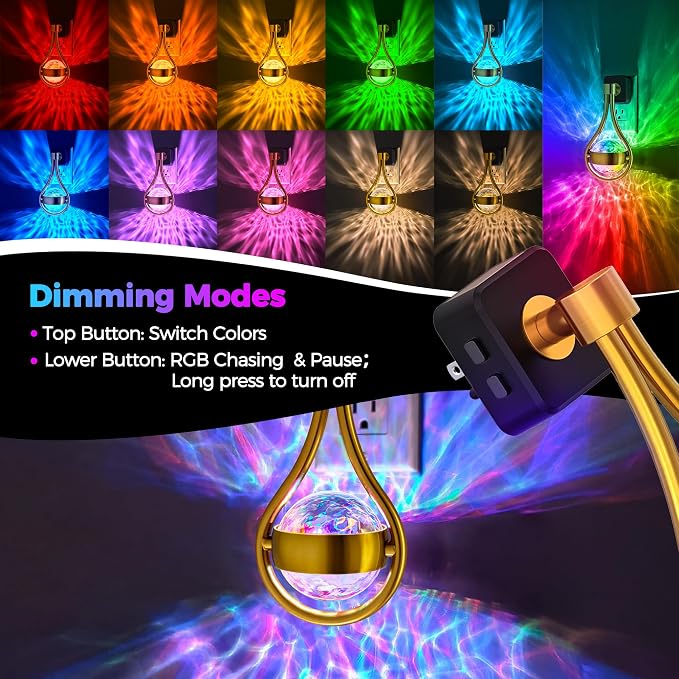RGB Night Lights Plug into Wall, Color Changing Nightlight | Dusk to Dawn Sensor, 330° Rotating Night Light with Waterdrop Design, for Bedroom, Hallway, Living Room, Home Decor, 2 Pack