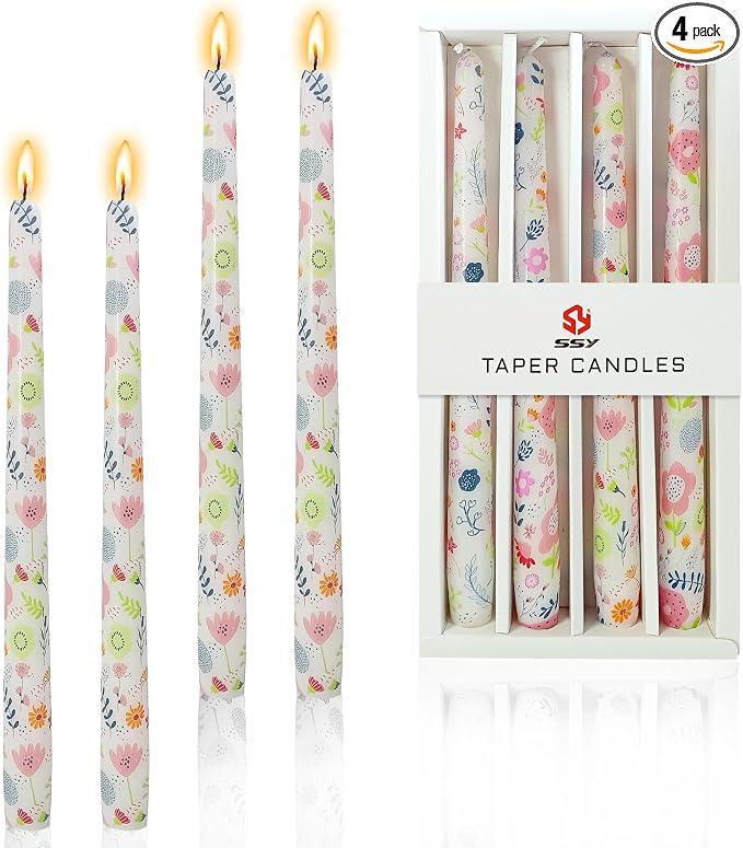 Floral Candlesticks 10 in Long Taper Candles Handmade Printing Candlesticks Tall Tapered Candle Sticks for Home Wedding Dinner Decor Simple Modern, 4 Pack