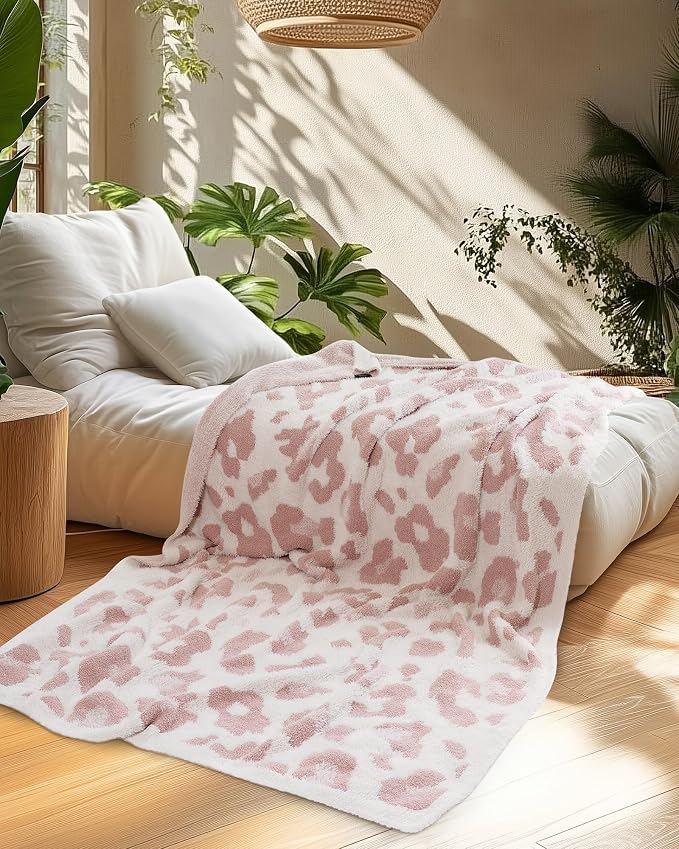 Knit Throw Blanket for Couch, Soft Cozy Fluffy Knitted Blanket for Sofa, Bed, Gift for Women Girls Home Decor (Leopard-Pink, Throw 50"x60")
