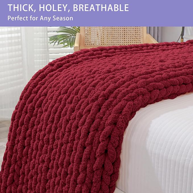 Bigacogo Chunky Knit Throw Blanket for Couch, 40x60 inches, Red | Hand Knit with Jumbo Chenille, Soft Breathable Cable Knit for Sofa Bed Living Room, Machine Washable, Gift for Mom Friend