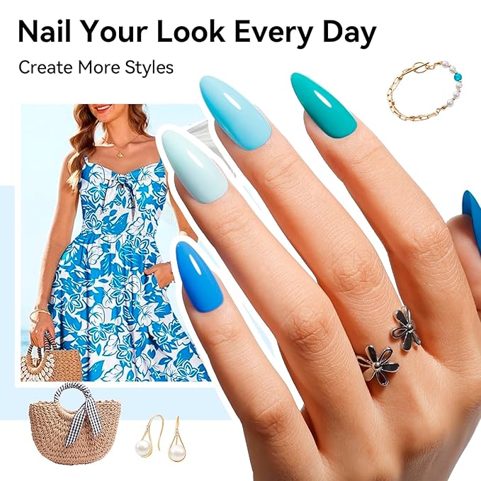 Blue Nail Polish Set: 6 Colors Light Blue Dark Navy Royal Teal Ocean Baby B lue Collection Toe Fingernail Polish, Quick Dry Non Gel, High Gloss Shine, Healthy Nail Art DIY Manicure Gift
