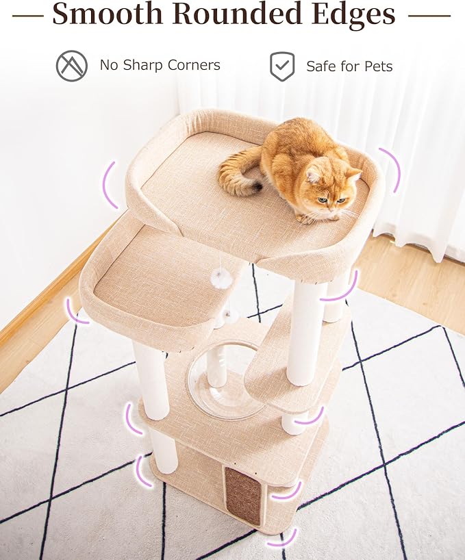 53'' Cat Tree for Large Cat, Modern Senior Friendly Cat Tower with Wide Shelves Low Step, Cotton Scratching Posts, Super Sturdy Base, Cozy Perches, and Interactive Toys (Ivory)