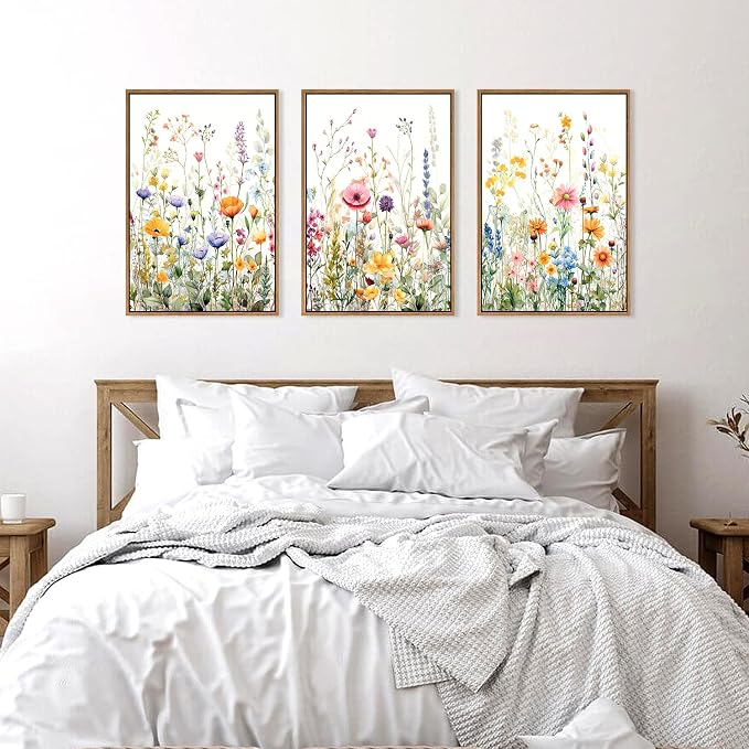 FWIEXA Floral Canvas Wall Art, Framed Wildflower Pictures Wall Decor, Large Flower Prints, Colorful Botanical Artwork, Watercolor Painting 3 Panel 24x36 Inches for Living Room, Bedroom, Office, Home