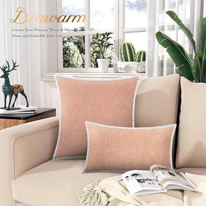 BRAWARM Chenille Throw Pillow Covers 22x22 Inches, Dusty Pink, 2 Pack | Decorative Pillow Covers with Shell Edge, Soft Cushion Cases for Sofa Bed Living Room Home Farmhouse (No Insert)
