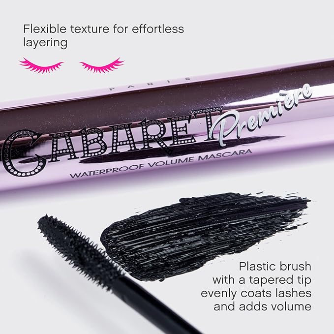 Vivienne Sabó Cabaret Premiere Black Waterproof Mascara, Volume and Length, Curling, No Flaking, No Clumping, Smudge Proof, Washable, Cruelty-Free, Made in Europe, (01 Black), 0.3 Fl Oz, 1 Pack