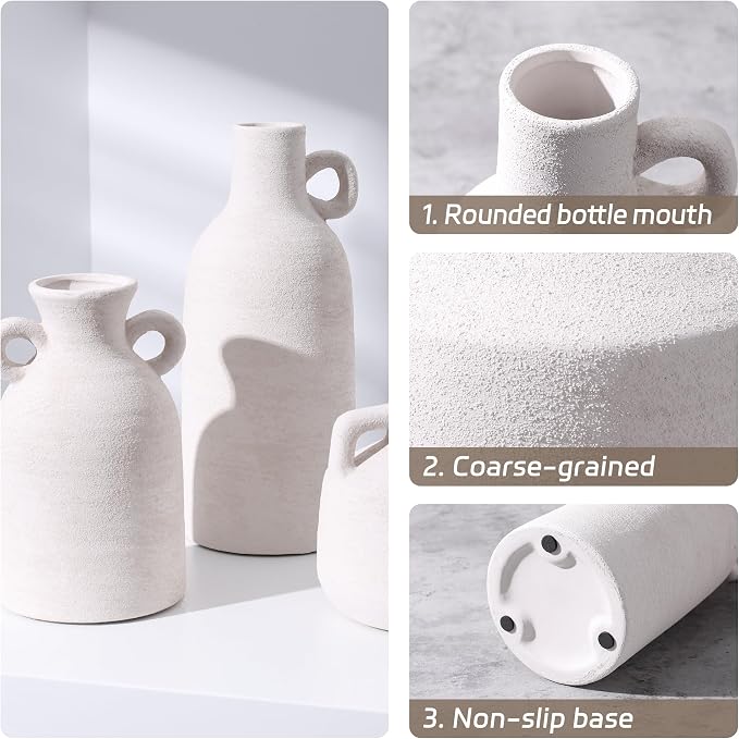 Ceramic Vase Set, 3Pcs Flower Vases for Modern Boho Farmhouse Decor, Decorative Vases for Pampas Grass & Dried Flowers, Distressed Finish