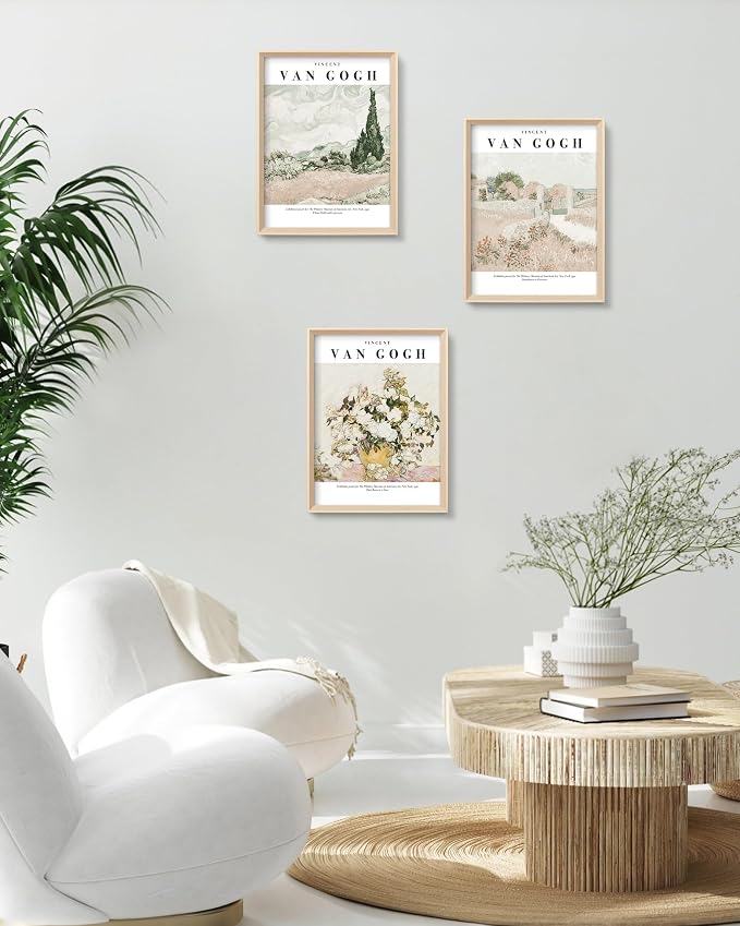 HesenDot Van Gogh Framed Wall Art, Neutral Canvas Prints Set of 3 | 12x16IN High Framed Design Prints, Floral Landscape Artwork, Vintage Wall Decor for Living Room Bedroom Gallery Office