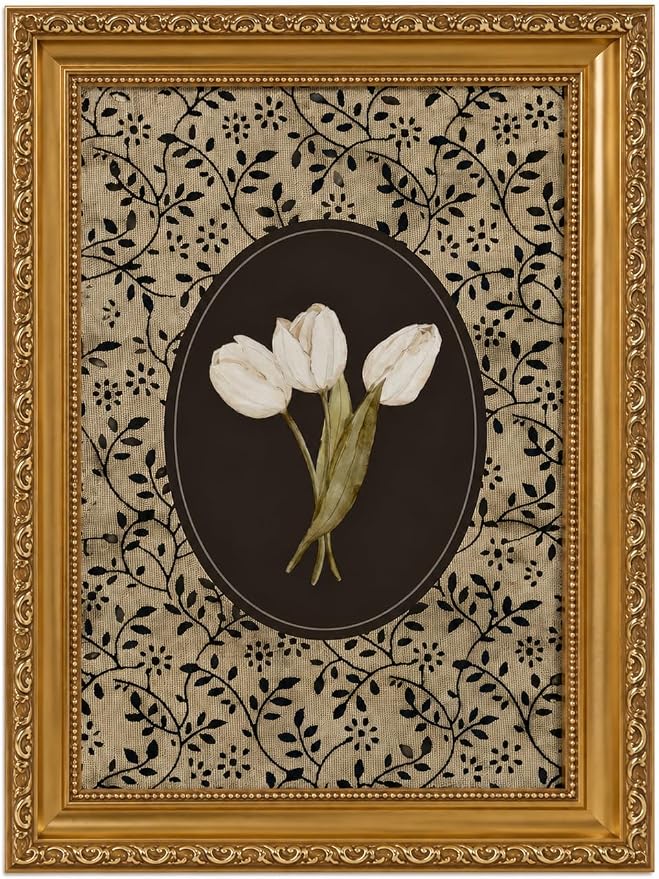 Gold Framed Tulip Canvas Wall Art, Vintage Floral Picture Wall Decor16x12in | Cottagecore Botanical Floral Print Decor for bedroom, living room, hallway, entryway
