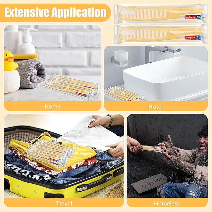 NICEMOVIC 500 Pack Disposable Toothbrushes Bulk with Toothpaste and Comb Travel Size Toothpaste Set Homeless Care Package Supplies for Bulk Individually Wrapped Disposable Travel Hotel Charity, Yellow