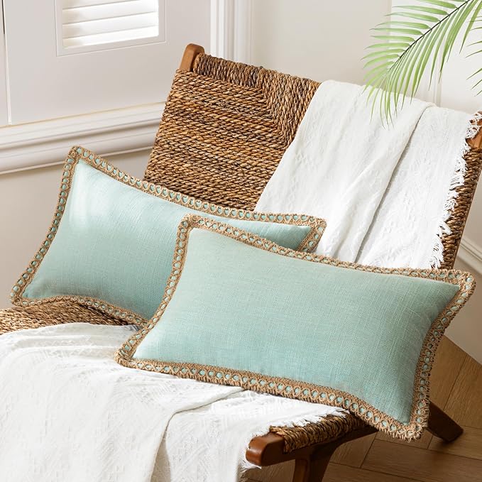 Phantoscope Pack of 2 Farmhouse Decorative Solid Throw Decorative Pillow Cover Burlap Linen Trimmed Tailored Edges Light Turquoise 12 x 20 inches, 30 x 50 cm
