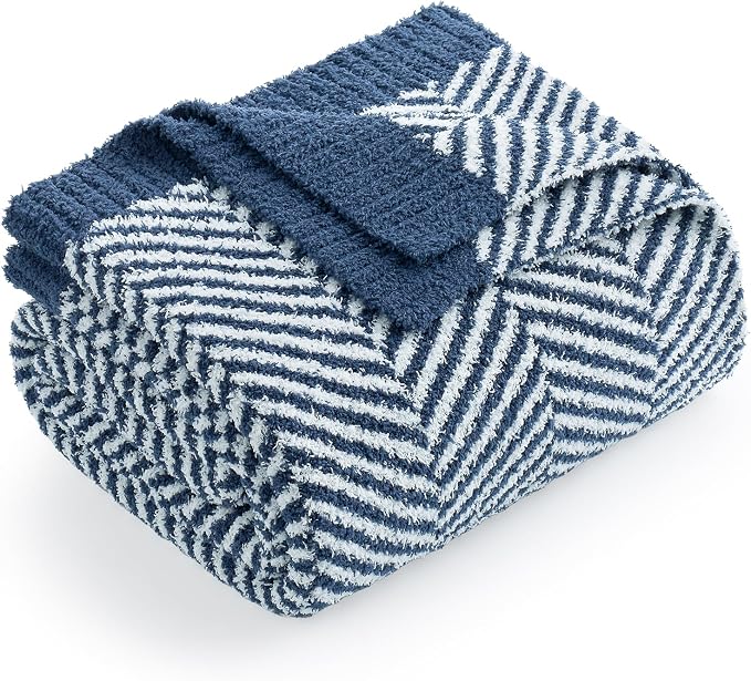 Snuggle Sac Herringbone Throw Blanket for Couch, Reversible Super Soft Warm Chervon Blankets, Cozy Knit Fuzzy Plush Lightweight Stripe Throws for Sofa, Bed, Camping, Navy, 50x60 inches