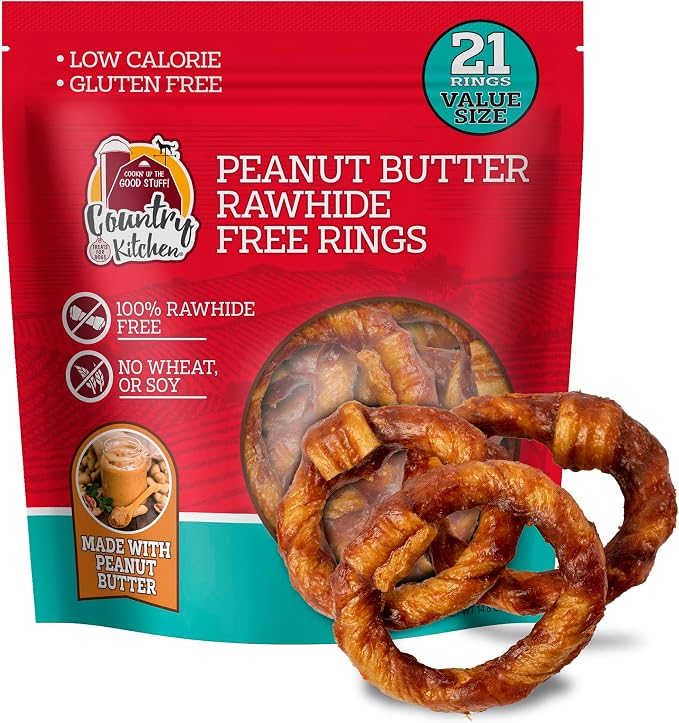Country Kitchen Rawhide Free, Peanut Butter Rings Dog Chews, 21 Count | Made with Real Peanut Butter, Highly Digestible, Gluten Free