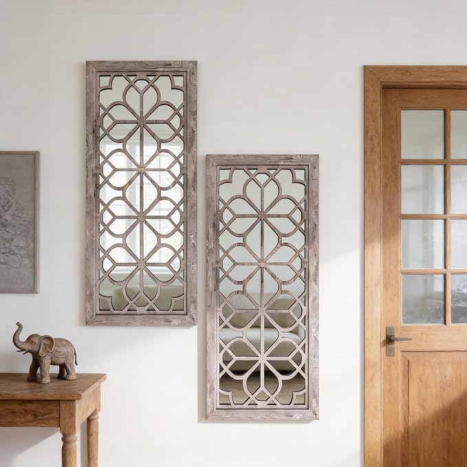 Set of 2 13x30 Inch Large Brown Shatterproof Carved Floral Wood Frame Wall Mirrors, Boho Farmhouse Rustic Accent Mirrors for Living Room Bedroom Bathroom & Home Decor