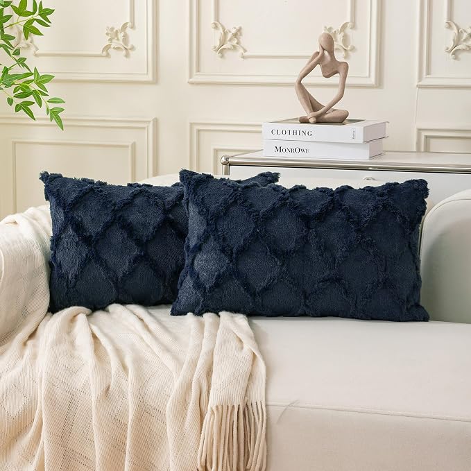 Set of 2 Soft Moroccan Throw Pillow Covers 12x20 Inch Plush Boho Decorative Pillow Cover Accent Cushion Case for Couch Sofa Bed, Navy Blue